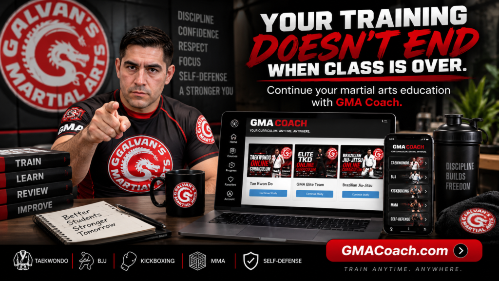 Galvan’s Martial Arts instructor promoting GMA Coach online martial arts training with Taekwondo, BJJ, Kickboxing, MMA and self-defense courses