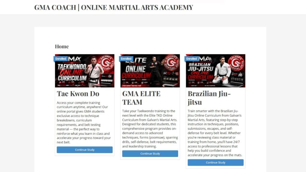 GMA Coach online martial arts academy showing Taekwondo, Elite TKD, and Brazilian Jiu-Jitsu online curriculum