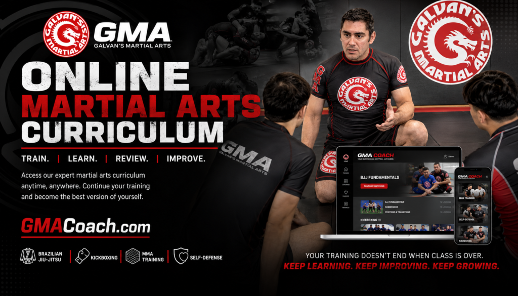 Galvan’s Martial Arts instructor teaching students with GMA Coach online martial arts curriculum for MMA, Brazilian Jiu-Jitsu, kickboxing and self-defense